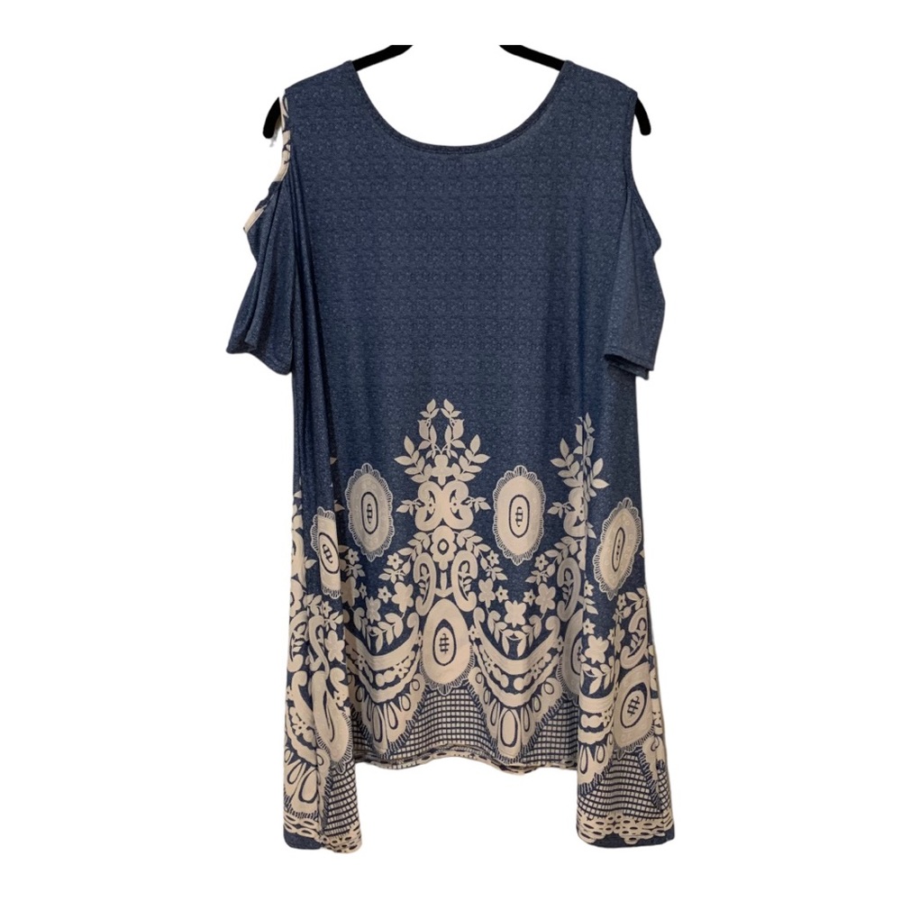 Shoreline Blue & White Cold Shoulder Tunic Top Sz XL